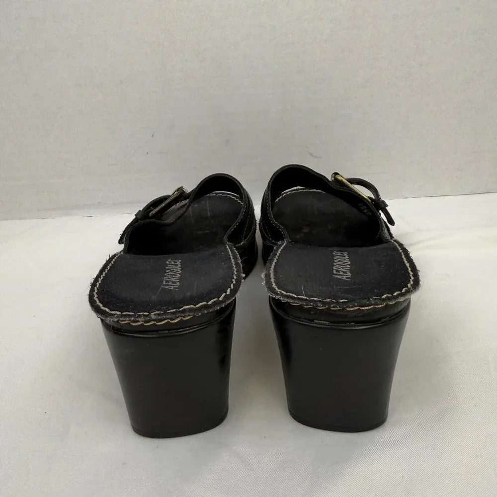 Vintage Y2K Aerosoles Black Leather Wedge Slide Sandals Buckle Detail Womens 6.5